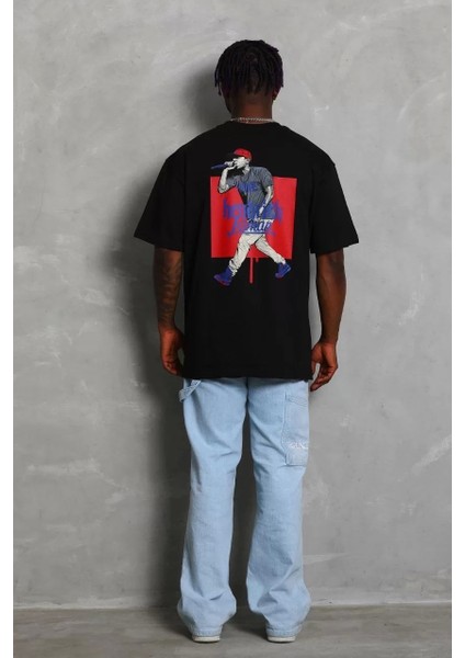 Oversize Baskılı Bisiklet Yaka T-Shirt - Siyah