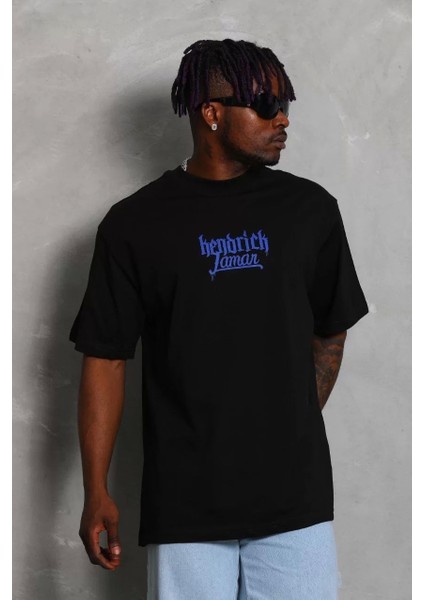 Oversize Baskılı Bisiklet Yaka T-Shirt - Siyah