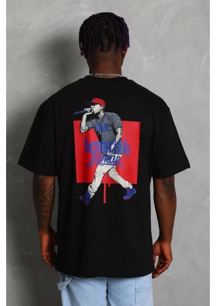 Oversize Baskılı Bisiklet Yaka T-Shirt - Siyah