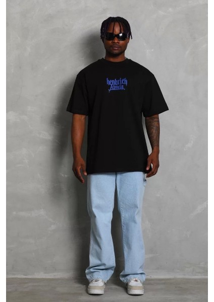 Oversize Baskılı Bisiklet Yaka T-Shirt - Siyah