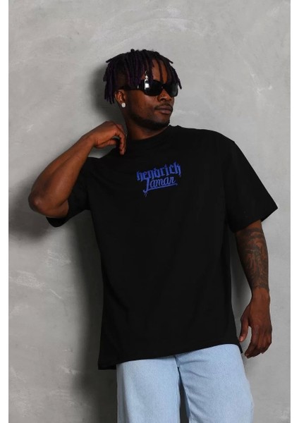 Oversize Baskılı Bisiklet Yaka T-Shirt - Siyah