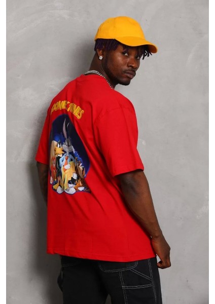 Oversize Baskılı Bisiklet Yaka T-Shirt - Kırmızı