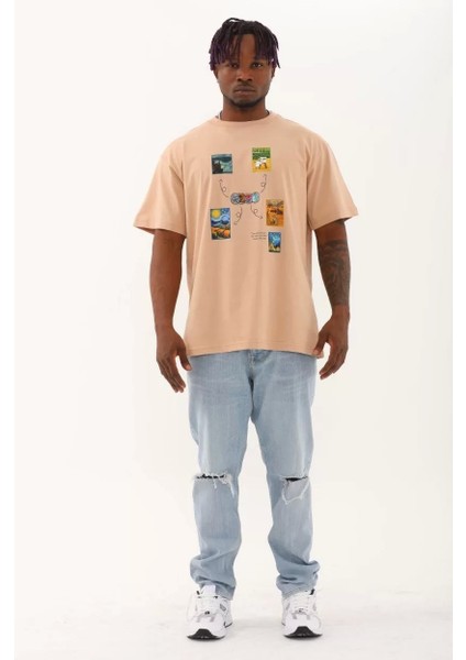 Oversize Baskılı Bisiklet Yaka T-Shirt - Bej