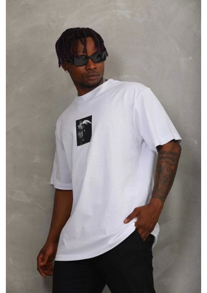 Oversize Baskılı Bisiklet Yaka T-Shirt - Beyaz
