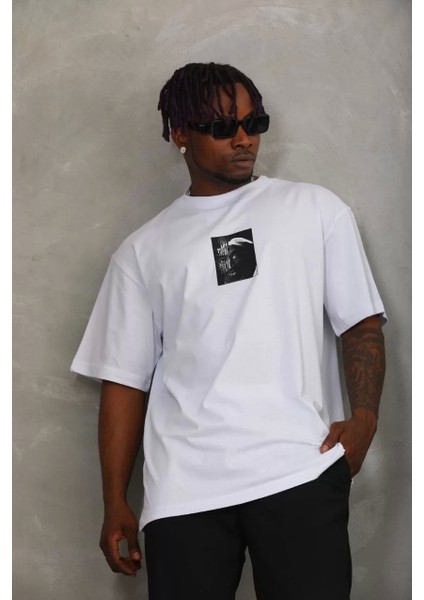 Oversize Baskılı Bisiklet Yaka T-Shirt - Beyaz