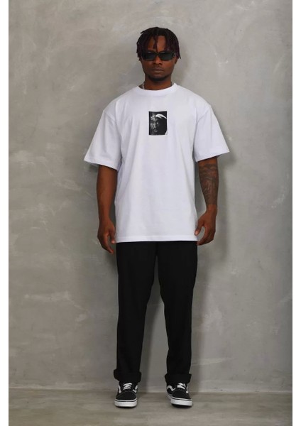 Oversize Baskılı Bisiklet Yaka T-Shirt - Beyaz