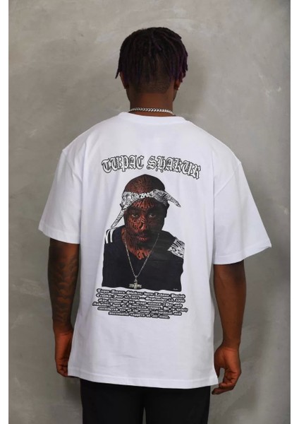 Oversize Baskılı Bisiklet Yaka T-Shirt - Beyaz
