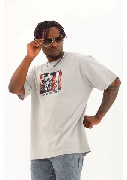 Oversize Baskılı Bisiklet Yaka T-Shirt - Gri