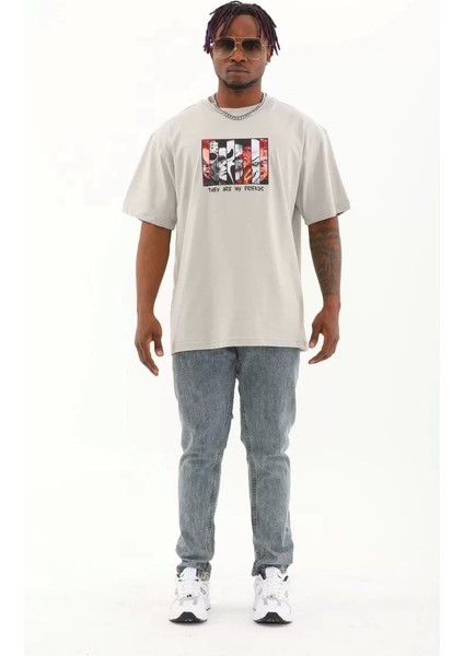 Oversize Baskılı Bisiklet Yaka T-Shirt - Gri
