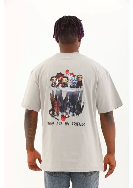 Oversize Baskılı Bisiklet Yaka T-Shirt - Gri