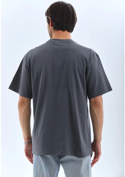 Oversize Taşlı Bisiklet Yaka T-Shirt - Füme