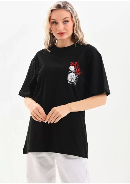 Baskılı Oversize T-Shirt - Siyah