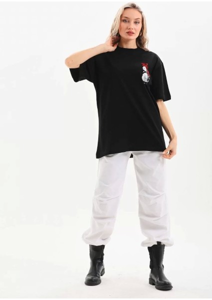 Baskılı Oversize T-Shirt - Siyah