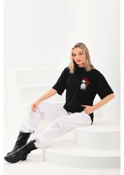 Baskılı Oversize T-Shirt - Siyah