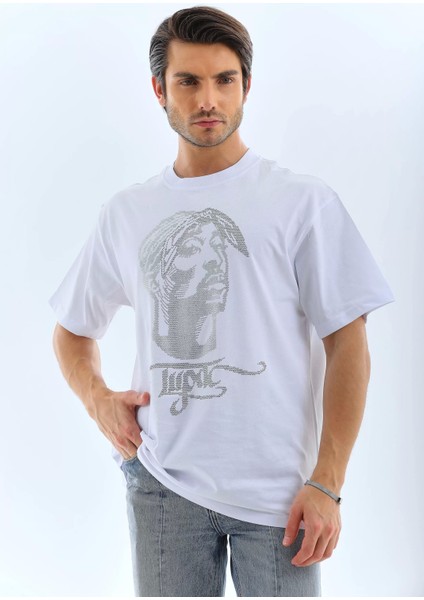 Oversize Taşlı Bisiklet Yaka T-Shirt - Beyaz