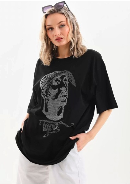 Taş Desenli Oversize T-Shirt - Siyah
