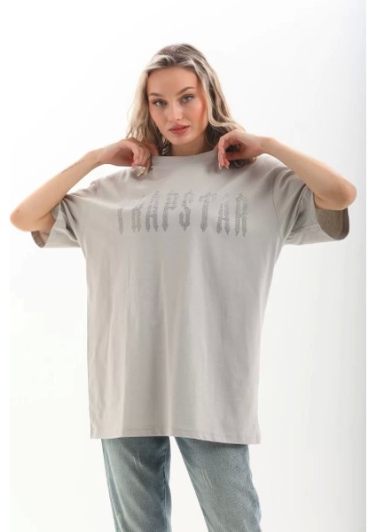 Taş Desenli Oversize T-Shirt - Gri