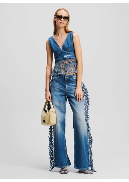 Jeans V Yaka Düz Mavi Kadın Bluz A2W11022