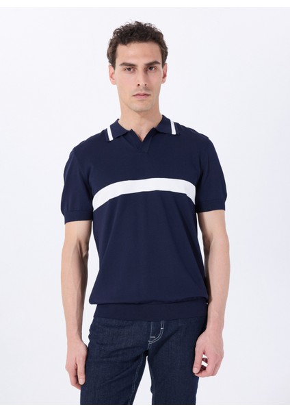 Polo Yaka Relaxed Blok Desenli Lacivert - Beyaz Erkek Kazak J5SM-KZK7243