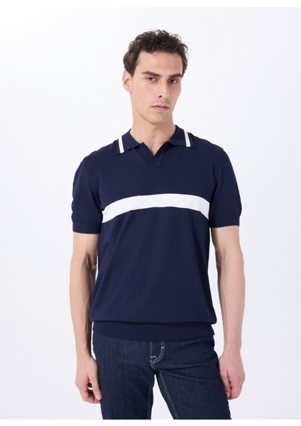 Polo Yaka Relaxed Blok Desenli Lacivert - Beyaz Erkek Kazak J5SM-KZK7243 modelleri