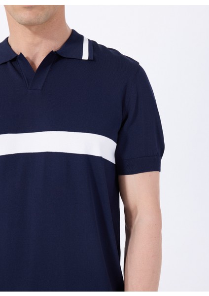 Polo Yaka Relaxed Blok Desenli Lacivert - Beyaz Erkek Kazak J5SM-KZK7243 fırsatları
