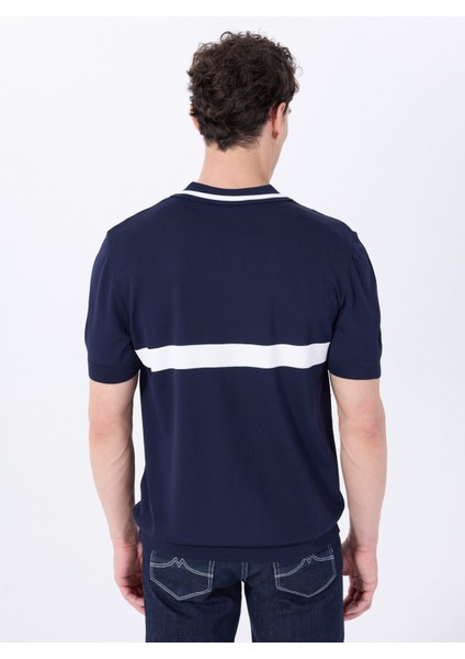 Polo Yaka Relaxed Blok Desenli Lacivert - Beyaz Erkek Kazak J5SM-KZK7243 indirimleri