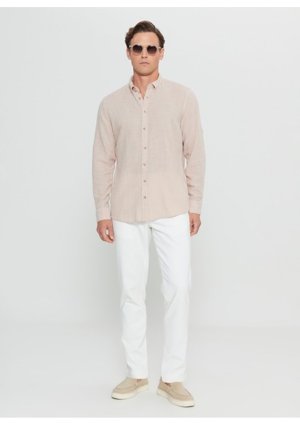 Slim Fit Düğmeli Yaka Bej Erkek Gömlek ACE020252165_BEJ fiyatları