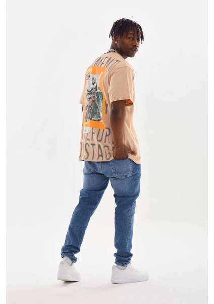 Baskılı Oversize T-Shirt - Bej