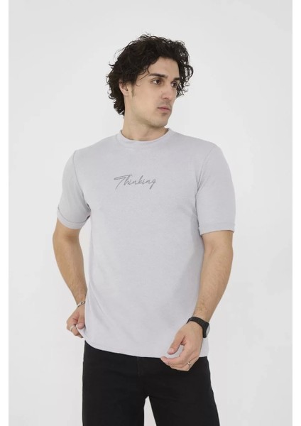 Bisiklet Yaka Slim Fit T-Shirt- Boyalı Gri