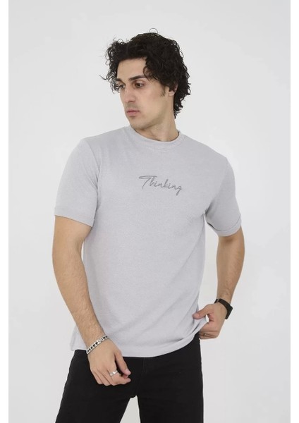 Bisiklet Yaka Slim Fit T-Shirt- Boyalı Gri