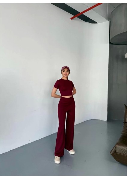 Osy Modal Yumuşak Dokulu Kumaş Kısa Kollu Crop Rahat Pantalon Ikili Takım - Bordo