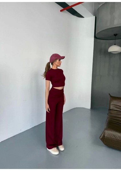 Osy Modal Yumuşak Dokulu Kumaş Kısa Kollu Crop Rahat Pantalon Ikili Takım - Bordo