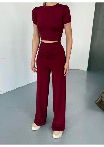 Osy Modal Yumuşak Dokulu Kumaş Kısa Kollu Crop Rahat Pantalon Ikili Takım - Bordo