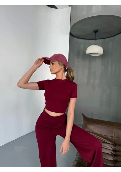 Osy Modal Yumuşak Dokulu Kumaş Kısa Kollu Crop Rahat Pantalon Ikili Takım - Bordo