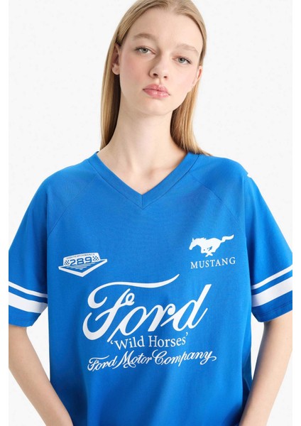 Ford Motor Company Oversize Geniş Kalıp V Yaka Baskılı Kısa Kollu Tişört F2046AX25SM