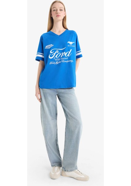 Ford Motor Company Oversize Geniş Kalıp V Yaka Baskılı Kısa Kollu Tişört F2046AX25SM fiyatları