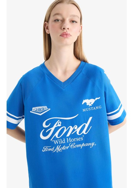 Ford Motor Company Oversize Geniş Kalıp V Yaka Baskılı Kısa Kollu Tişört F2046AX25SM fırsatları