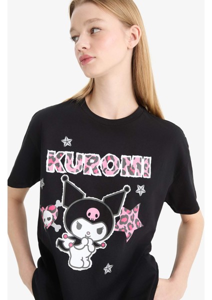 Kuromi Oversize Geniş Kalıp Bisiklet Yaka Kısa Kollu Tişört F1949AX25SM