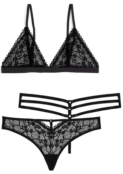 Flora Fashion Siyah Dantelli Kadın Iç Çamaşırı Takımı