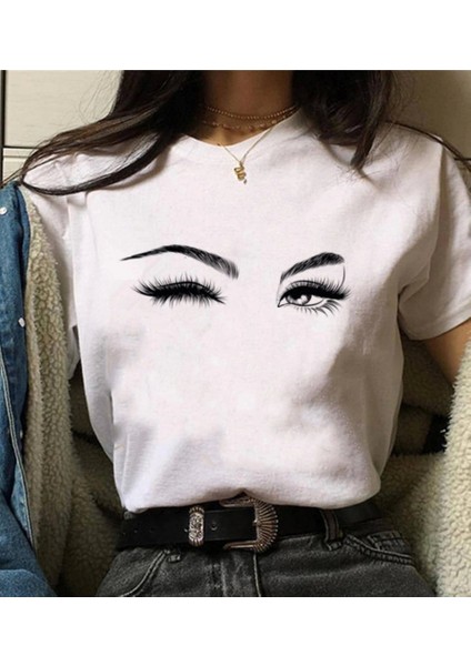 Kadın Kısa Kollu Bisiklet Yaka Göz Baskılı Süprem T-Shirt indirimleri