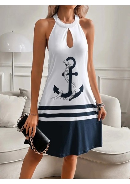 Kadın Askılı Çıpa Baskılı Sırtı Açık Kısa Süprem Elbise