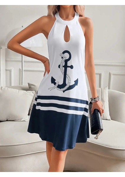Kadın Askılı Çıpa Baskılı Sırtı Açık Kısa Süprem Elbise fiyatları