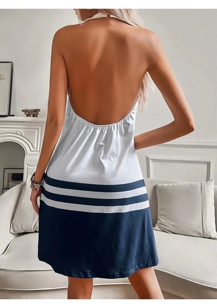 Kadın Askılı Çıpa Baskılı Sırtı Açık Kısa Süprem Elbise modelleri