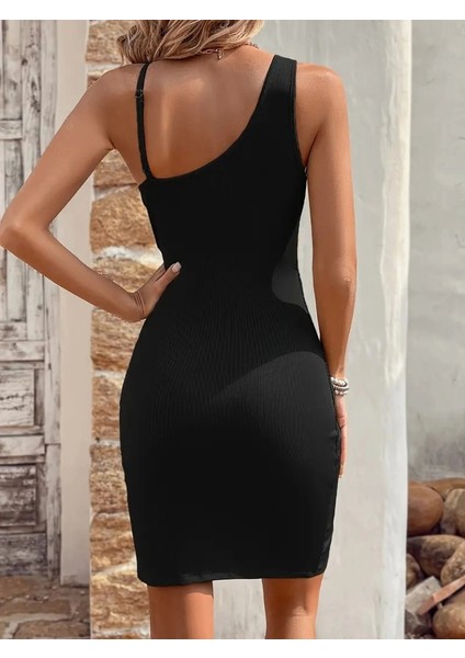 Kadın Tek Omuzu Ip Askılı Kruvaze Yakalı Belden Düğmeli Asimetrik Kesim Detaylı Kaşkorse Elbise modelleri