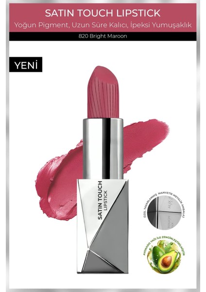 Uzun Süre Kalıcı Nemlendirici Pürüzsüz Etkili Yarı Mat Ruj - Satin Touch Lipstick 820 Bright Maroon
