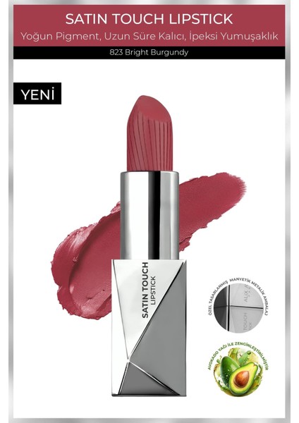 Uzun Süre Kalıcı Nemlendirici Pürüzsüz Etkili Yarı Mat Ruj -Satin Touch Lipstick 823 Bright Burgundy