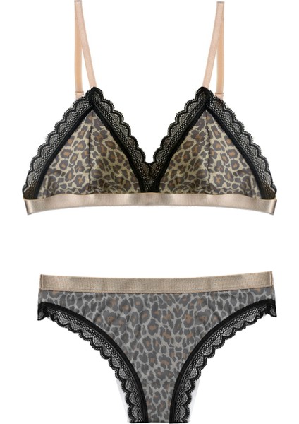 Nude Leopar Desenli Dantel Detaylı Kadım Çamaşır Takımı