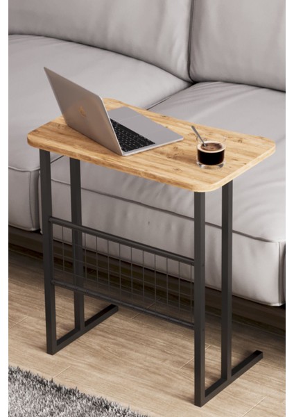 Metal Ayaklı Laptop Sehpası Koltuk Sehpası Kahvaltı Masası Çalışma Sehpası - Atlantik Çam Desenli