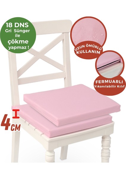 Fermuarlı 2'li Sandalye Minderi Su Itici Kumaş 40X40 cm Sünger Sandalye Minderi Bağcıklı Pembe