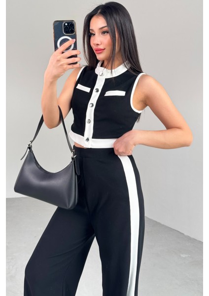 TKM-13253 Beyaz Siyah Şeritli Çıtçıtlı Yelek Pantolon Ikili Takım
